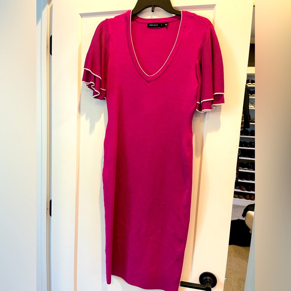 KAREN MILLEN Bodycon Fuscia Dress with Ruffle Sleeves